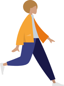 Illustration of a second person walking towards the first, in a marigold jacket and navy trousers