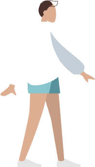 Illustration of a person walking, in a white jumper and teal shorts
